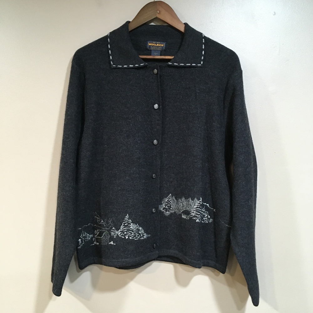 Woolrich 100% Wool Embroidered Cabin Cardigan Sweater Womens XL Gray Cottage